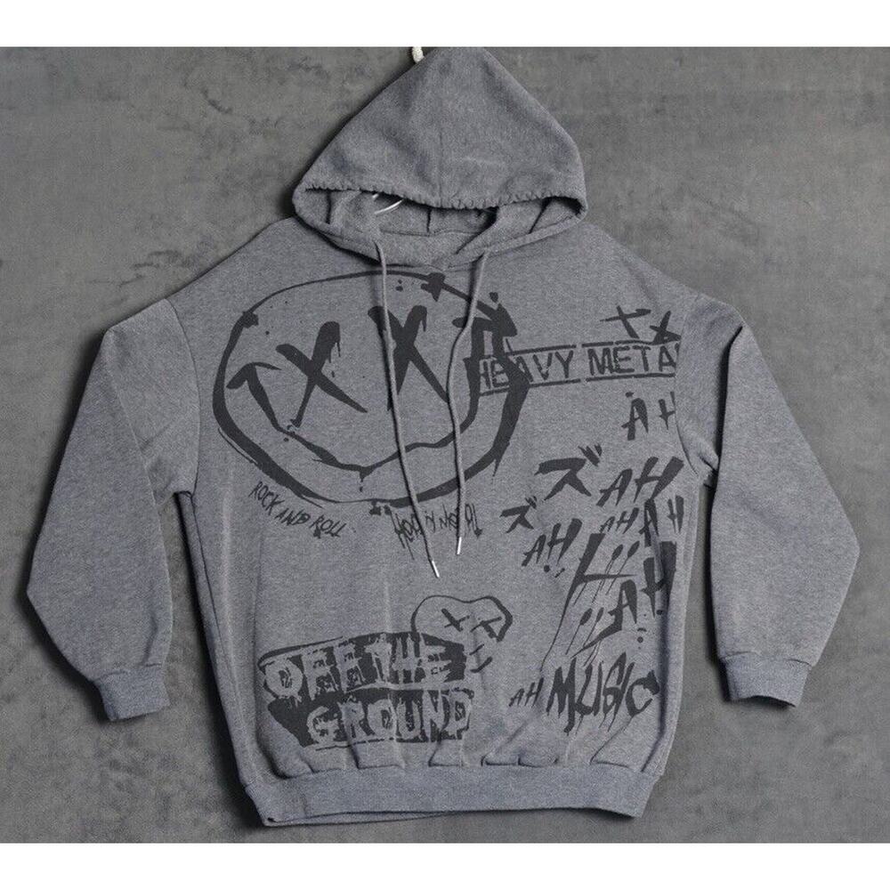 Romwe Gray Hoodie Sweatshirt, Men’s Size M , Emoji ,Heavy Metal , Rock & Roll